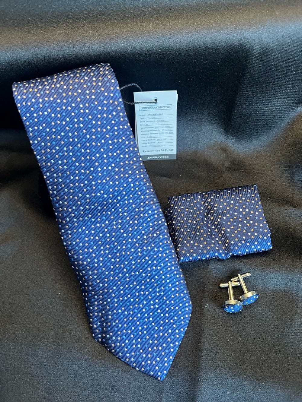 Navy Blue Polka Dot Tie, Pocket Square & Cufflinks Set